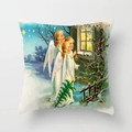 Detail of a square Christmas pillowcase with vintage angel art and winter snow scene - Three Angels in Snow Scene (DRD359-2)