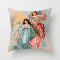 Detail of vintage Christmas angel pattern on linen pillowcase with Latin scroll text - Angel with Scroll and Green Branch (DRD359-3)