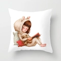 Cute cartoon girl and teddy bear illustration on white square cushion cover decor - 18x18 Inch / Girl Reading Panda (DRD219-1)
