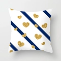 White square cushion cover with navy blue stripes and gold glitter hearts decor - Navy Stripe Gold Heart Style (DRD126-17)