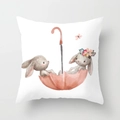 Cute cartoon rabbit and pink umbrella design square throw pillow cover in soft white - 18x18 Inch / Umbrella Rabbit (DRD219-6)
