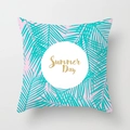 Pink Nordic pillow case with teal palm leaves and Summer Day golden text print - Summer Day Pink Base Blue Leaf (DRD123-7)