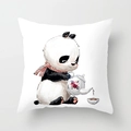Cute cartoon panda pillow cover with striped scarf and teapot design on white cushion - 18x18 Inch / Panda Tea Time (DRD219-14)
