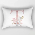 Peach skin long lumbar pillow case featuring a pink letter T and watercolor floral art - Floral Letter T Style (DRD221-T)