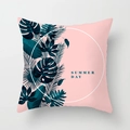 Pink tropical pillow cover with green monstera leaves and SUMMER DAY text print - Summer Day Pink Circle Design (DRD123-13)