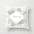 Square white pillowcase with gold tropical paradise text and grey botanical leaves - Tropical Paradise Gold Rhombus (DRD123-16)