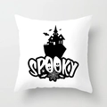 White Halloween pillow cover with black spooky castle print and bats made of soft peach skin - Spooky House Style (DRD197-22)