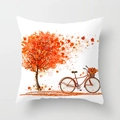 Detail view of square pillowcase featuring autumn tree and red vintage bicycle print - Red Bicycle Autumn Landscape Style (DRD356-11)