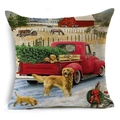 Macro view of linen pillow cover showing a red truck and golden retriever in a winter farm - Ymd07-6 / 18x18 Inch
