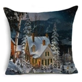 Macro detail of Christmas linen pillowcase showing vintage snow scene and rustic texture - Winter Snow Cabin (YMD07-7)