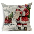Close-up of Santa Claus linen pillow cover showing woven texture and festive print detail - Santa On Red Sleigh (YMD07-8)