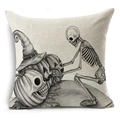 Housse de coussin en lin avec crâne et citrouille pour décoration d'Halloween - Crâne avec Citrouille Lanterne (YMD123-2) / 45x45 cm