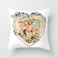 Square white pillowcase with vintage angel illustration and With Love and Devotion text - Cherub with Ribbon and Heart (DRD359-4)