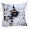 Funda de cojín navideña con pintura de cabaña nevada sobre tela cuadrada - 45x45 cm / Estilo Casa con Techo Puntiagudo Europeo Nieve (DRD358-2)