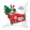 Weihnachtskissenbezug mit Mops im roten Oldtimer und geschmücktem Tannenbaum - Pug fährt Auto Stil (DRD207-3)