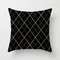 Detail of black geometric cushion cover with golden argyle lines and white accents - White Dashed and Gold Solid Interlaced Argyle Style (DRD395-6)