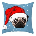 Christmas pug dog pillow case with Santa hat and snow pattern on dark blue fabric - 45x45cm / Snowy Night Pug Style (DRD207-12)