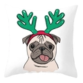Christmas Pug dog pillow cover with reindeer antlers on white background festive cushion case - 45x45cm / Pug with Green Antlers Illustration Style (DRD207-14)