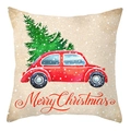 Christmas pillowcase with red car and pine tree watercolor design on beige fabric - 45x45cm / Watercolor Red Car Christmas Style (DRD207-24)