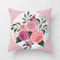 Pastel pink throw pillow cover with hand-painted floral peony illustration and green leaves - Light Pink Peony with White Round Pattern (DRD175-6)