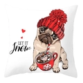 Christmas pug pillow case featuring a dog in a red hat with Let It Snow text - 45x45cm / Let It Snow Pug Style (DRD207-25)
