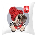 Square pillowcase featuring a pug with a red hat and hot cocoa with Merry Pug Party text - 45x45cm / Merry Pug Party Style (DRD207-28)