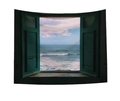 Ocean view faux window tapestry featuring vintage teal shutters and crashing waves - 150x200cm / Sea View Window (GT10-2)
