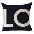 Detail of square linen pillowcase in black featuring beige LO lettering for home decor - Black Background LO Letter Style (YMD211-5)