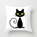 Federa per cuscino quadrata bianca con stampa di gatto nero e vivaci occhi verdi - Gatto Nero Occhi Verdi Coda Lunga (DRD70-7) / 45x45 cm