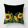 Square sunflower cushion cover in black fabric with vibrant yellow floral pattern - Black Base Realistic Sunflower (DRD393-18)