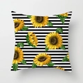 Square sunflower pillowcase with black and white horizontal stripes and floral pattern - Black and White Stripe Sunflower Pattern (DRD393-19)
