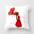 Square white pillowcase featuring a cartoon lady with red heart Love balloons - Love Balloons (DRD62-5) / 18x18 Inch