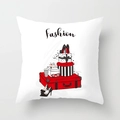 Fashion themed white square pillowcase with red suitcase and black high heels graphic - Fashion Journey (DRD62-6) / 18x18 Inch