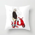 Square pillow cover featuring a stylish woman with a red scooter on white background - Red Scooter (DRD62-7) / 18x18 Inch