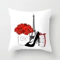 Valentine cushion cover with Eiffel Tower and red rose design on white fabric - Romantic Paris (DRD62-8) / 18x18 Inch
