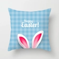 Blue gingham Easter pillow cover featuring Happy Easter text and cute bunny ears - Blue White Gingham Bunny Ear (DRD65-7) / 18x18 Inch