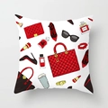 Square white pillowcase with red fashion illustrations of luxury handbags and high heels - Luxury Fashion Patchwork (DRD62-17) / 18x18 Inch