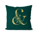 Close-up of luxury dark green velvet pillowcase with gold foil ampersand and floral pattern - 45x45cm / Ampersand