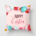 Peach skin Easter pillow cover featuring Happy Easter text and colorful eggs - Pink Easter Floral Pattern (DRD65-18) / 18x18 Inch