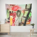 Modern abstract geometric line art tapestry for living room wall decoration - 95x73 / Brushed Fabric / Red Yellow Green Oil Style (GT08-1)
