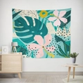 Detail of tropical floral tapestry featuring pink hibiscus and green palm leaves print - Gt12-12 / 95X73 Brushed Fabric
