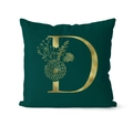 Dettaglio della federa per cuscino verde scuro con lettera D dorata e fiori eleganti - 45x45cm / Lettera D