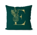 Detailed macro view of green velvet cushion cover with gold letter E and floral pattern - 45x45cm / Letter E