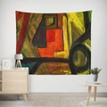 Detailed texture of abstract geometric oil painting tapestry on white bedroom wall - 95x73 / Brushed Fabric / Red Yellow Orange Impasto Style (GT08-2)