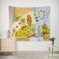 Detailed view of an abstract geometric tapestry with surreal art in a modern living room - 95x73 / Brushed Fabric