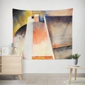 Detailed view of large abstract art tapestry in modern living room with warm lighting - 95x73 / Brushed Fabric / Orange Yellow Blue Watercolor (GT08-13)