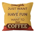 Detailed macro shot of yellow linen pillow case featuring American coffee quote design - 18x18 Inch / Girls Want Coffee Mustard Yellow Red Splice (YMD12-6)