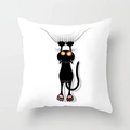 Fodera per cuscino con gatto nero e occhi arancioni su tessuto bianco morbido - Illustrazione Divertente Gatto Nero Appeso (DRD70-17) / 45x45 cm