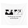 Detail of minimalist wall tapestry with line art and quote printed on white fabric - 95x73 / Portrait Quote (GT20-3)