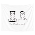 Detailed view of white polyester tapestry with minimalist line art of figures blowing bubbles - 95x73 / Bubble Blowing Characters (GT20-1)